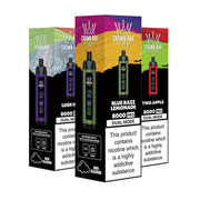 Al Fakher Crown Bar 8000 disposables boxes of flavors: Blue Razz Lemonade at the front, Lush Ice and Two Apples behind.